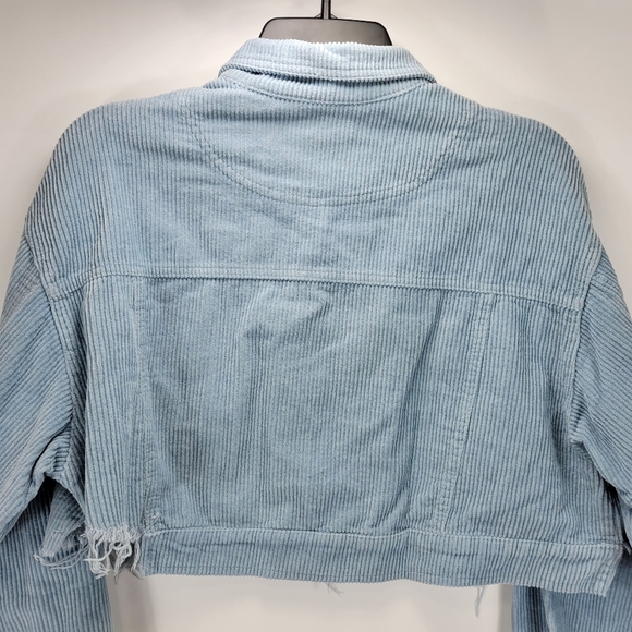 12th Tribe Cropped Corduroy Button Jacket Raw Hem Womens Small S Blue Trucker - Picture 10 of 10
